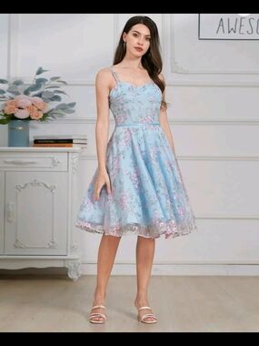 Light Blue Floral A-Line Dress with Sweetheart Neckline